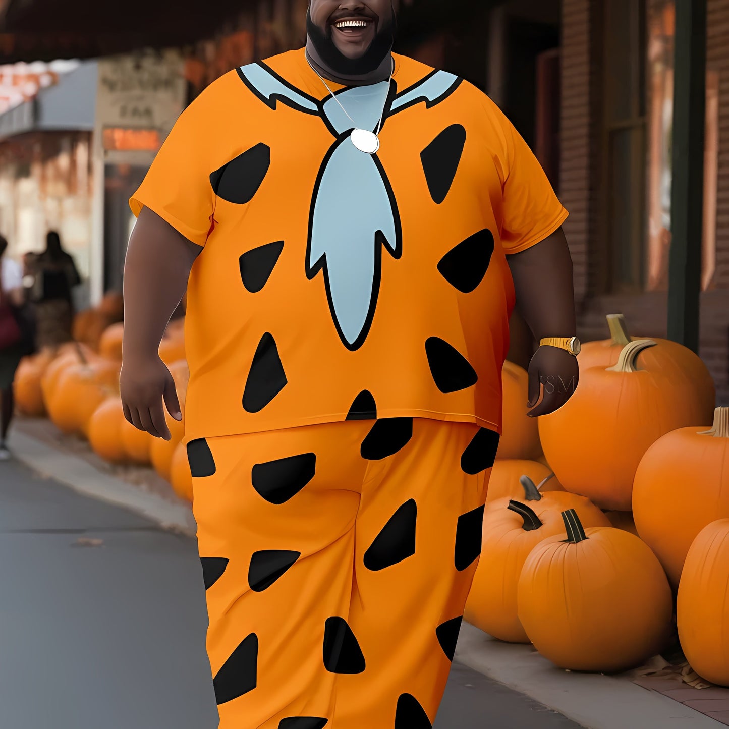 Men's plus size pumpkin yellow outfit featuring a "Crazy" original man print on both short sleeve and long pants. Made of stretch knit fabric, this unisex set is perfect for casual parties