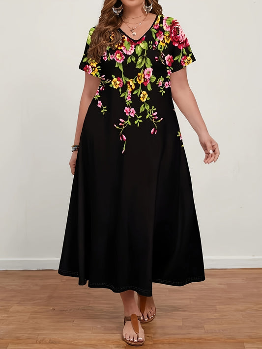 Plus Size Women's Floral Print V-Neck Dress in Black with Colorful Flowers is ideal for Spring/Summer/Fall events. Made of polyester and spandex blend, machine washable.