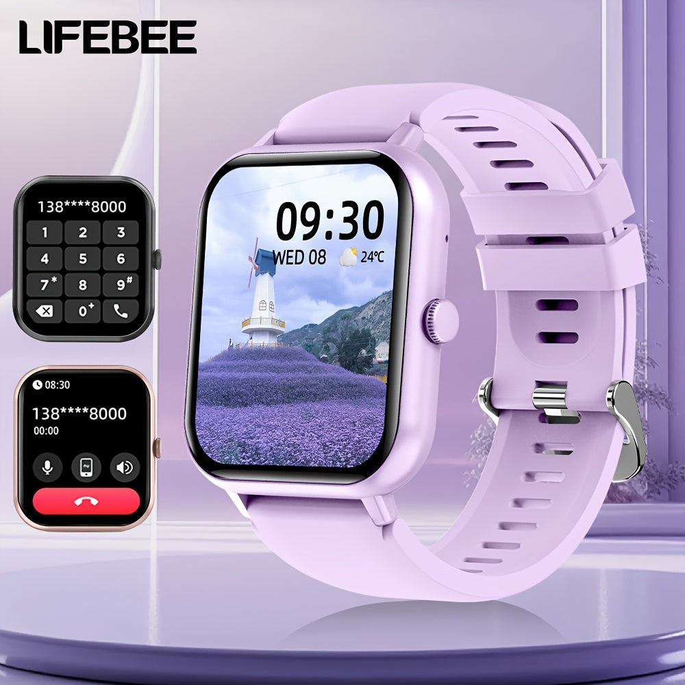 LifeBee Smartwatch: Full screen, call function, 100+ exercise modes, pedometer, calorie tracker, rechargeable, black & pink colors.