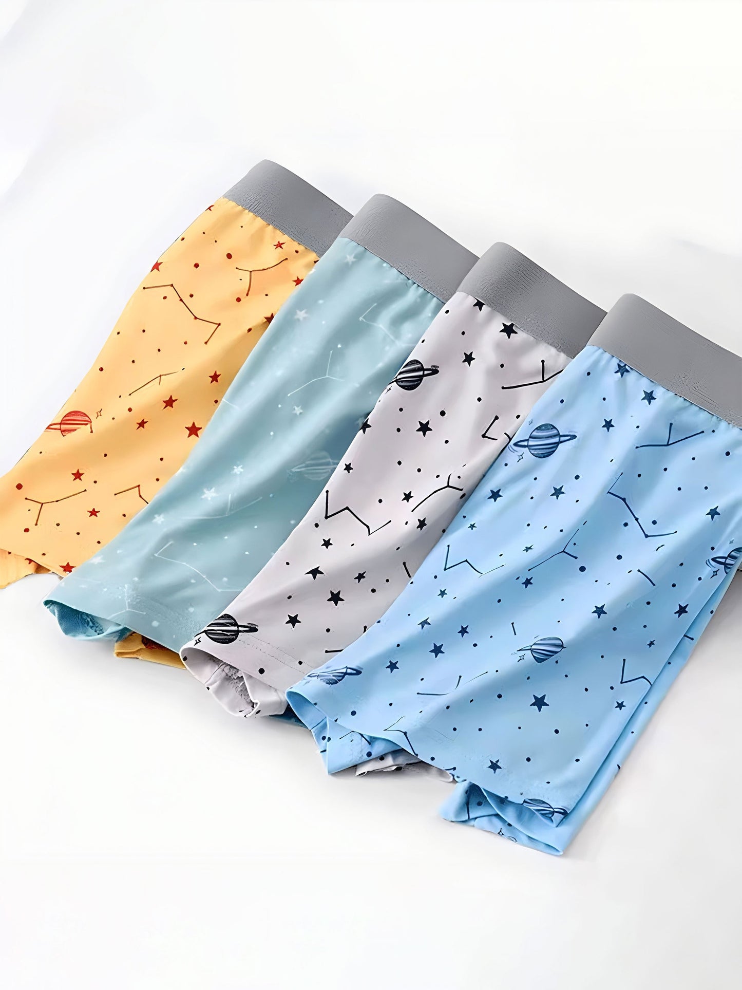 Set of 4 men's quick-dry boxer briefs in soft polyester/spandex blend with geometric pattern for spring/summer.