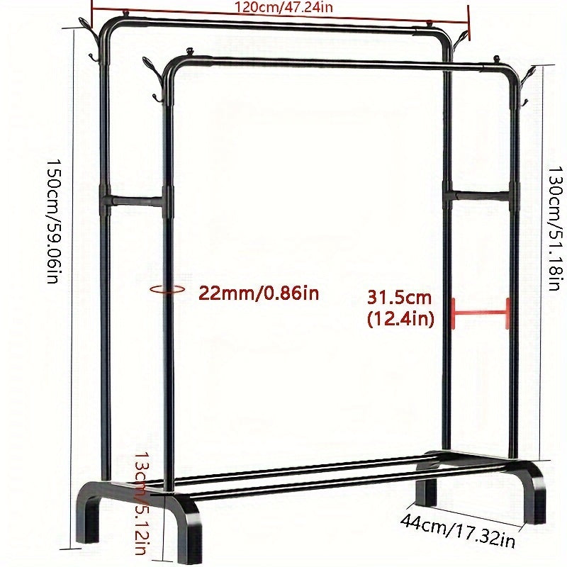 Double-bar clothes hanger for coats, shirts, dresses, and scarves - lightweight iron rack in black/white