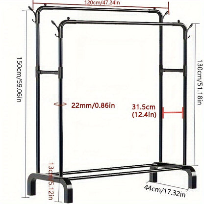 Double-bar clothes hanger for coats, shirts, dresses, and scarves - lightweight iron rack in black/white