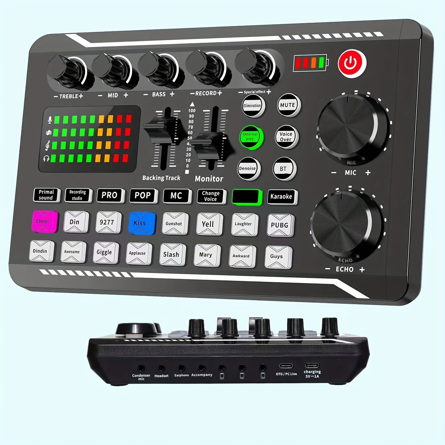 Live sound card mixer with USB charging, volume control, and battery indicator for various uses, including karaoke and video conferencing, Eid Al-Adha Mubarak!