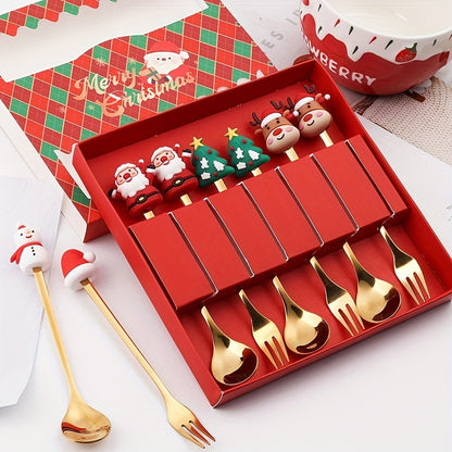 Christmas-themed stainless steel cutlery set includes 4 or 6 pieces in a gift box, featuring Santa, Christmas tree, and reindeer figurine designs. Perfect for serving desserts, cakes, fruit, and coffee during the holiday season. Great gift idea for