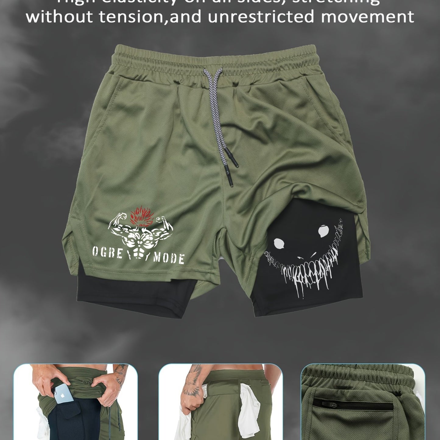 Men's Summer Print Dual-Layer Shorts with Breathable, Quick-Dry Fabric, Pockets, and Zipper Detail for Sports & Casual Wear.