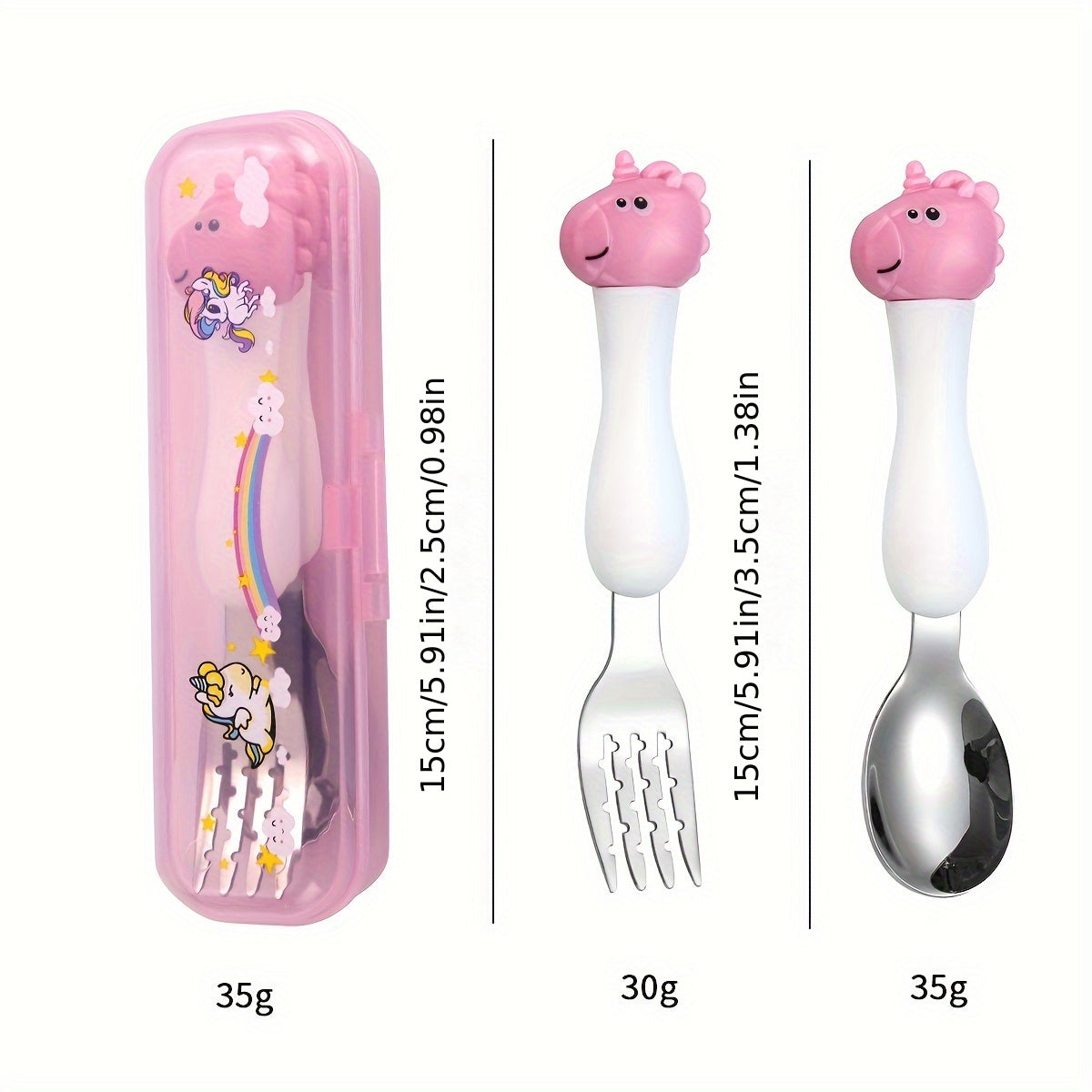 Children's cartoon dinosaur fork and spoon set made of portable 304 stainless steel for learning and training purposes.