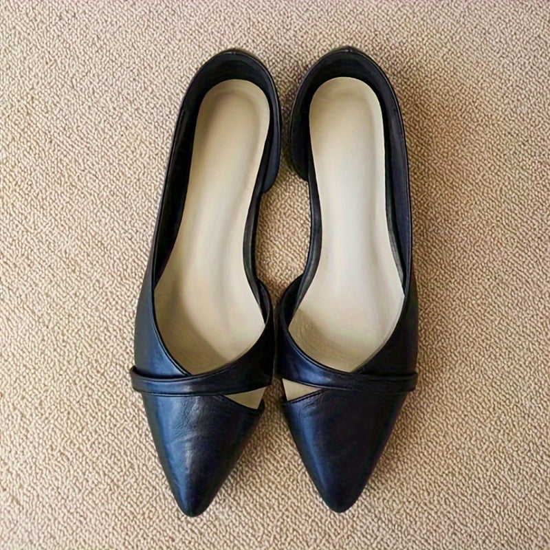 Women's black pointed-toe flats with side cut-out design, soft PU cover upper, lightweight PVC sole, comfortable slip-on shoes for all-day wear. Ideal for everyday wear. Minimalist and cute.