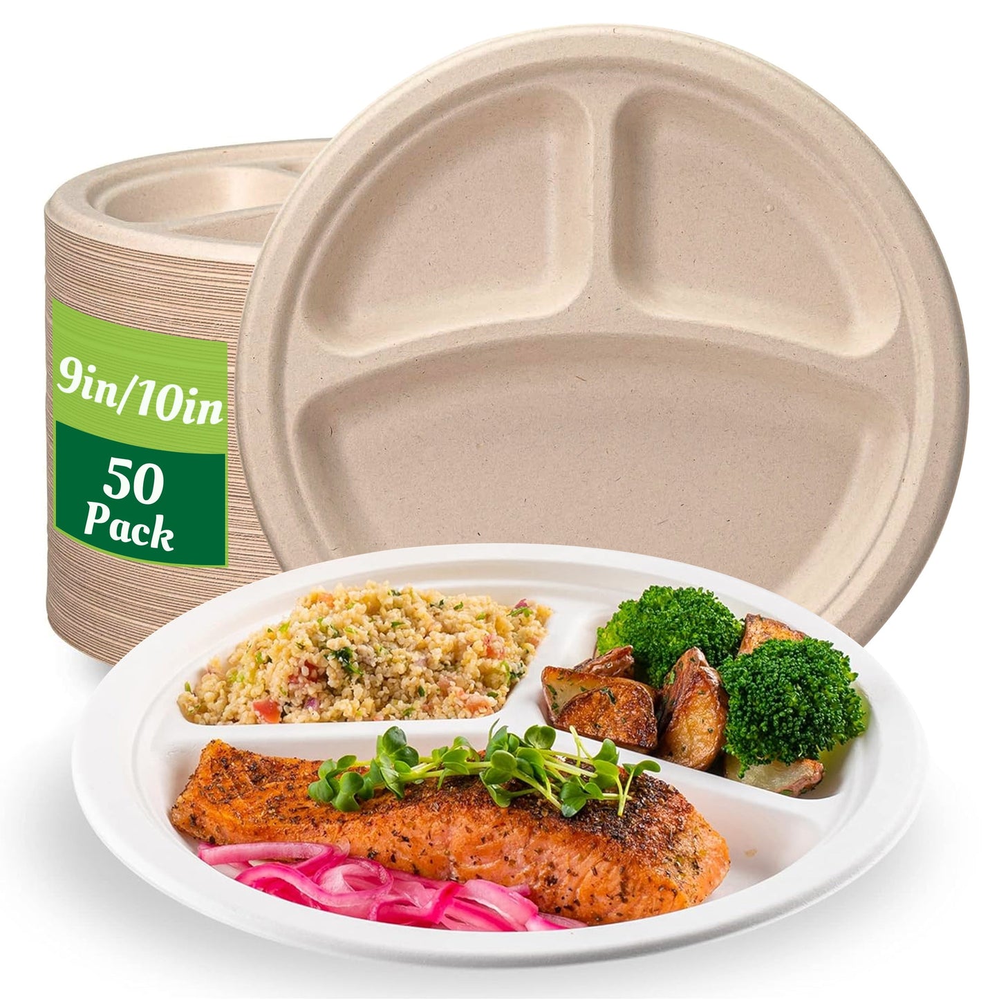 Set of 50 Biodegradable Disposable Paper Plates with 3 Compartments (9/10 inches), Ideal for BBQs, Pastries, Desserts, Parties, Picnics, Camping, and More. Perfect for Home, Restaurants, and Outdoor Events.