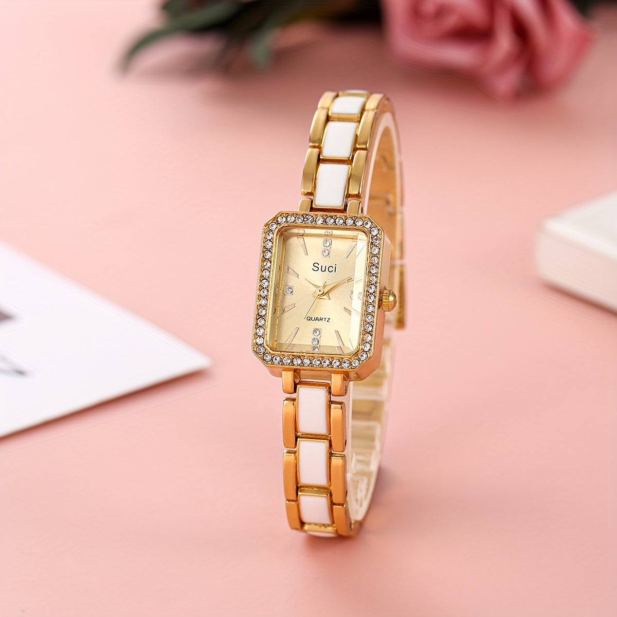 Chic square crystal luxury women's watch with minimalist design, quartz movement, zinc alloy strap, ideal Ramadan gift.