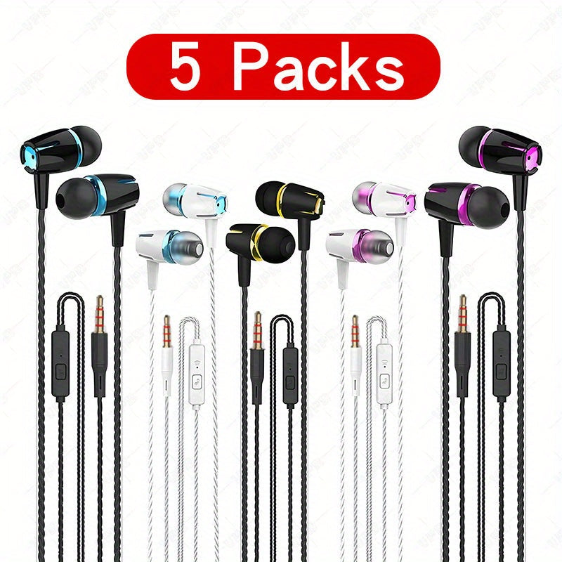 6-pack wired earphones with microphone, in-ear headphones featuring noise reduction, call and bass capabilities, stereo sound, and mixed colors. Compatible with iPhone, iPod, iPad, MP3