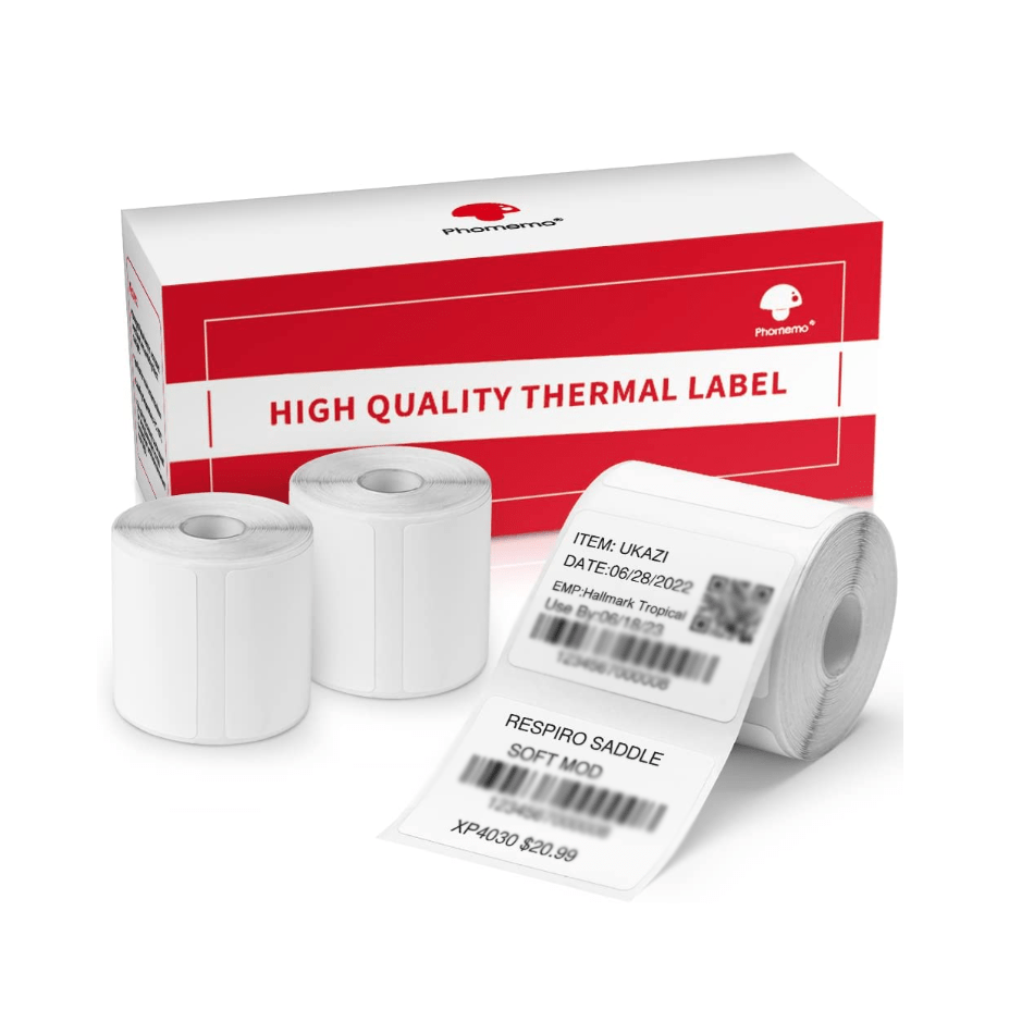 Phomemo M110 Wireless Label Printer with 40x30mm Sticker Roll, ideal for businesses and office use, with wireless connectivity for phones & PCs.