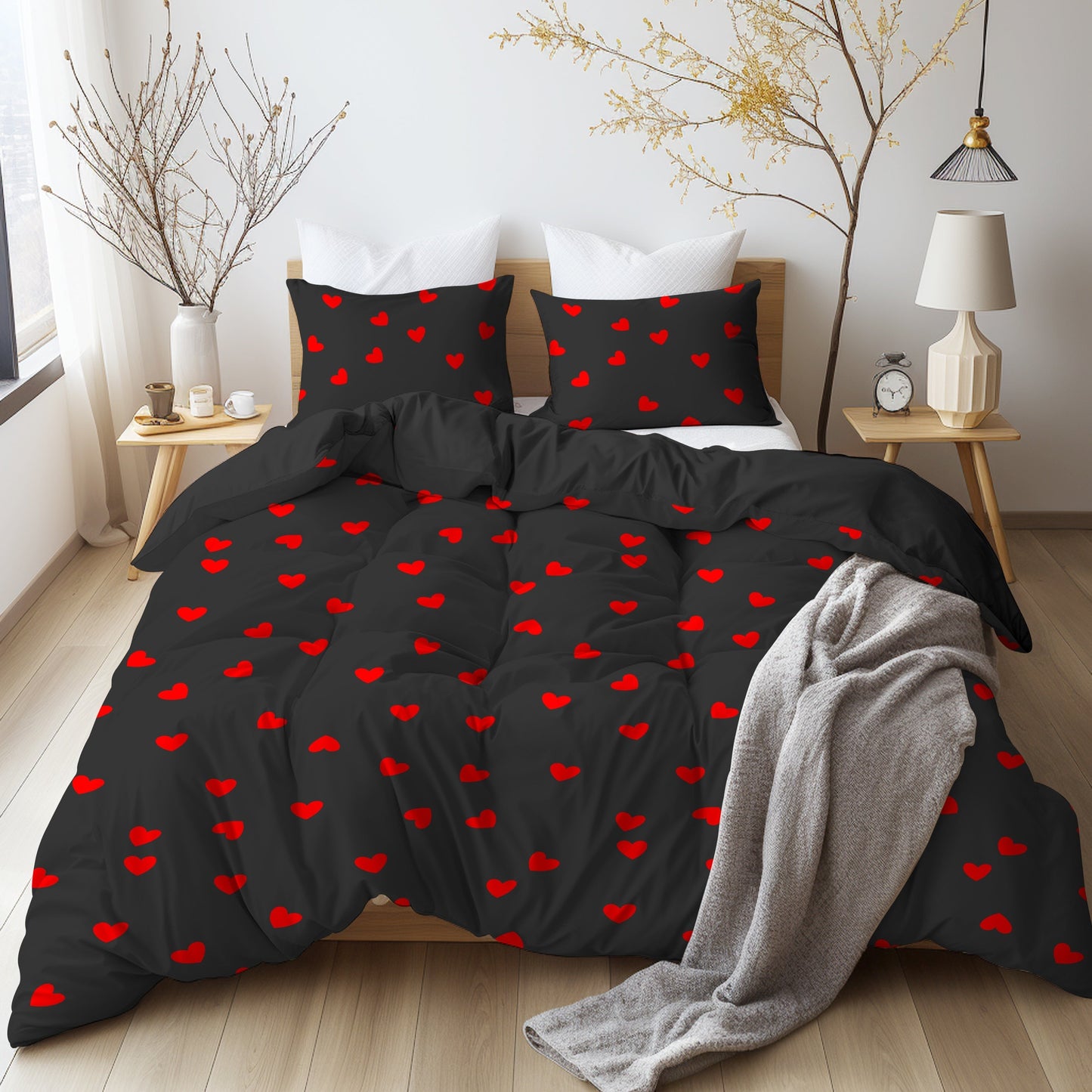 Get ready for the season of love with our Heart Print Valentine's Day Bedding Set. This set includes 1 Duvet Cover and 2 Pillowcases, all brushed for a soft and comfortable feel. Perfect for any bedroom or guest room, this skin-friendly set is suitable