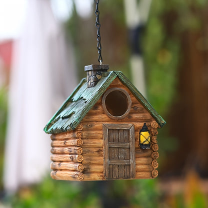 Wooden birdhouse with LED lights, ABS resin crafted, outdoor garden decor, winter nest for birds, hanging ornament.