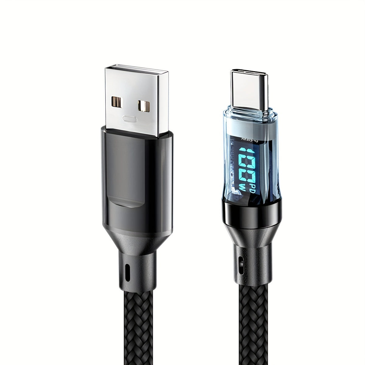 Fast charging Type C cable with digital display, durable nylon, compatible with various mobile phones and tablets, round shape.