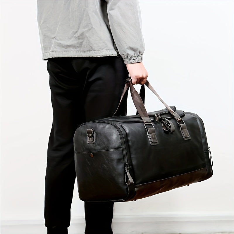 Large men's duffel bag with adjustable strap and multiple compartments, perfect for casual carry-on travel and weekend outings.