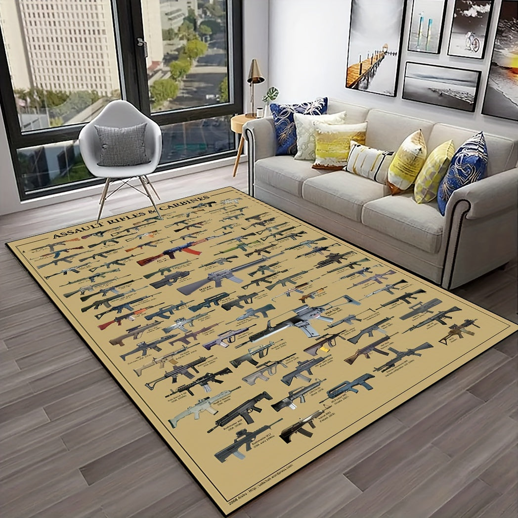 1 piece of a minimalist style rifle print area rug in various sizes (19x31, 31x47, 47x62, 62x90 inches). This washable crawling mat is perfect for high-traffic areas in the living room, bedroom, gaming room, sofa, coffee table, dormitory, holiday room