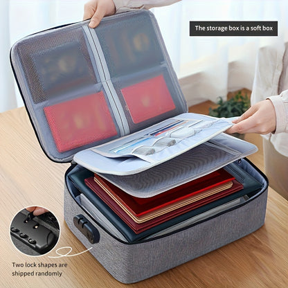 Document bag with lock, fireproof 3-layer file storage case with water-resistant zipper for safe storage of laptop, files, and certificates at home or while traveling.