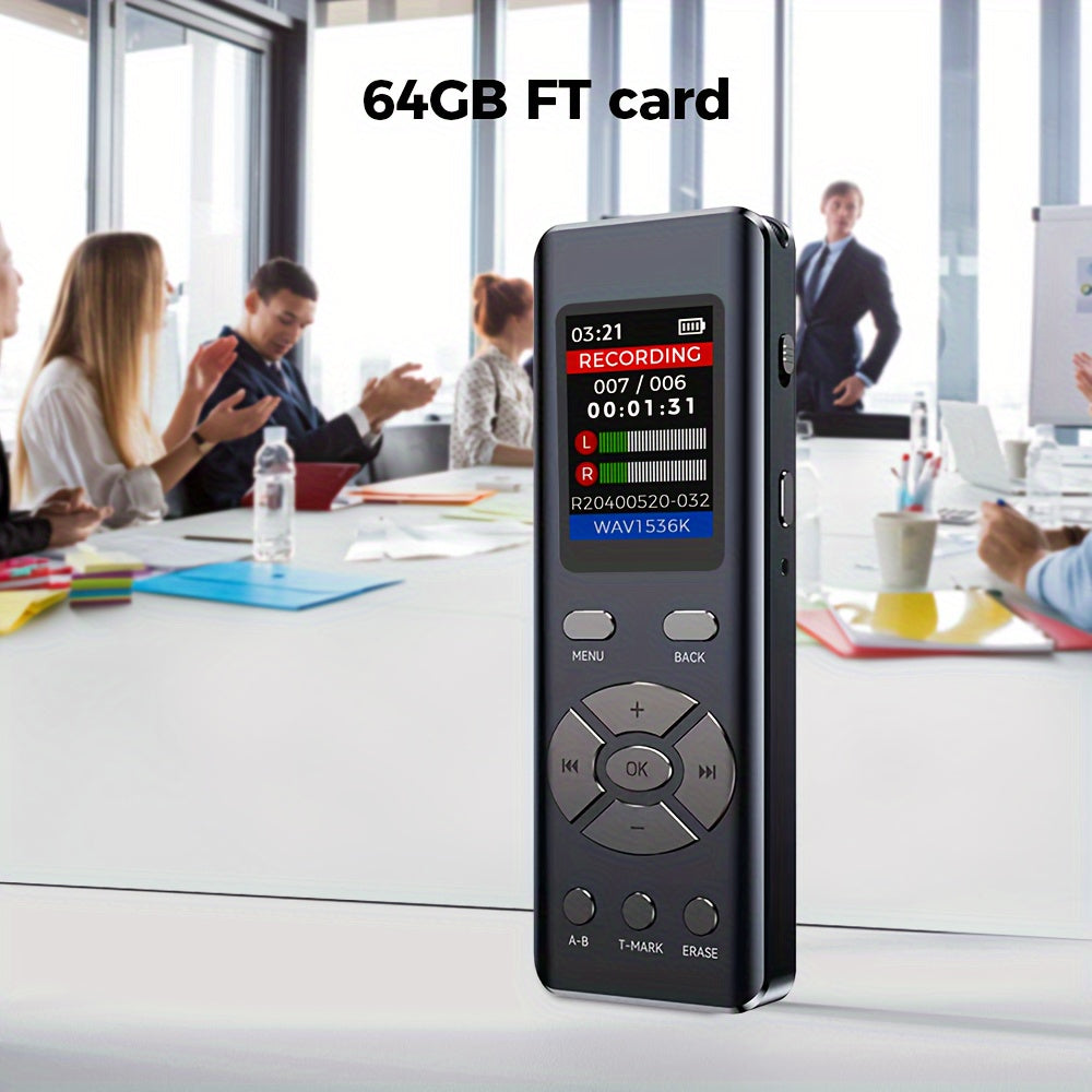 Cappsu 72GB Digital Recorder with Dual Microphone, HD Recording, A-B Repeat, Noise Reduction, Voice Activation, and headphone/microphone compatibility.