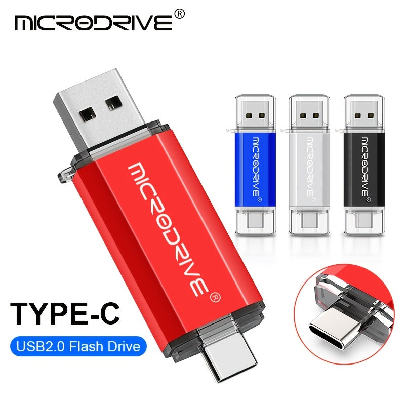 MICRODRIVE 2.0 USB-C Flash Drive - High-Speed OTG Memory Stick, Frosted Metal Texture, 128GB/64GB/32GB/16GB, Laptop & Smartphone Compatible, Red/Black, Cute Design