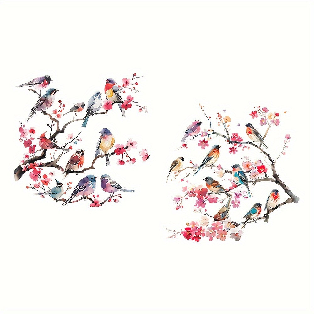 Decorate your home with Watercolor Tree Branches featuring Birds and Flowers - Removable Glass Window Sticker - Measures 59cm x 23.23 inches