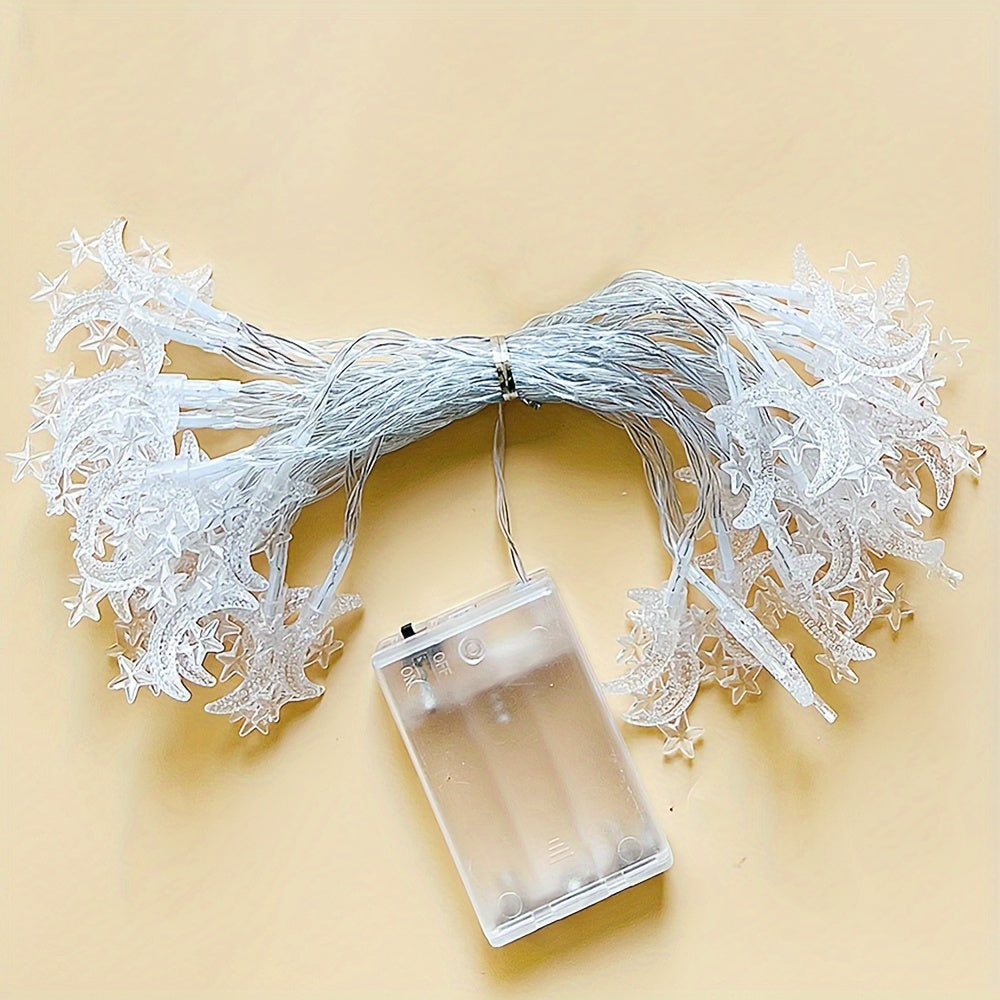 Battery powered star and moon light string for home decor, suitable for various festive decorations.