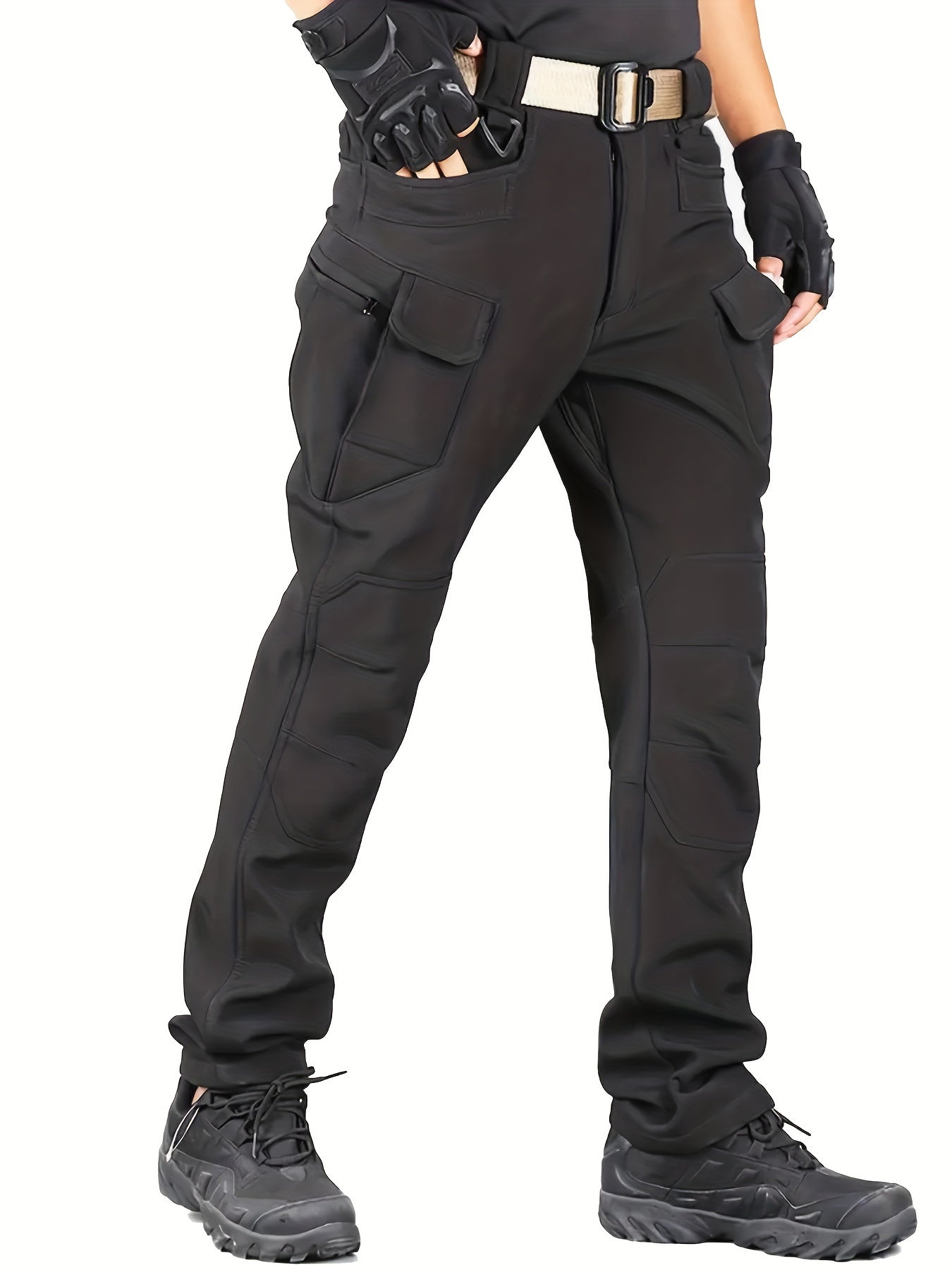 Fleece-lined tactical pants for men, made with warm, durable polyester-spandex blend. Features multiple pockets, adjustable waistband, and casual style for winter outdoor activities.