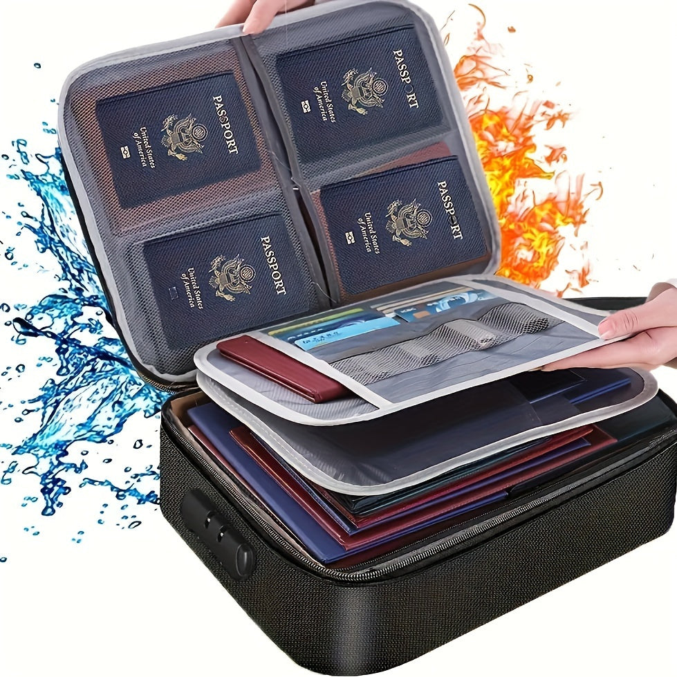 Fireproof and waterproof document organizer with combination lock, oxford cloth portable briefcase for secure storage of laptops, passports, certificates, and other important documents.