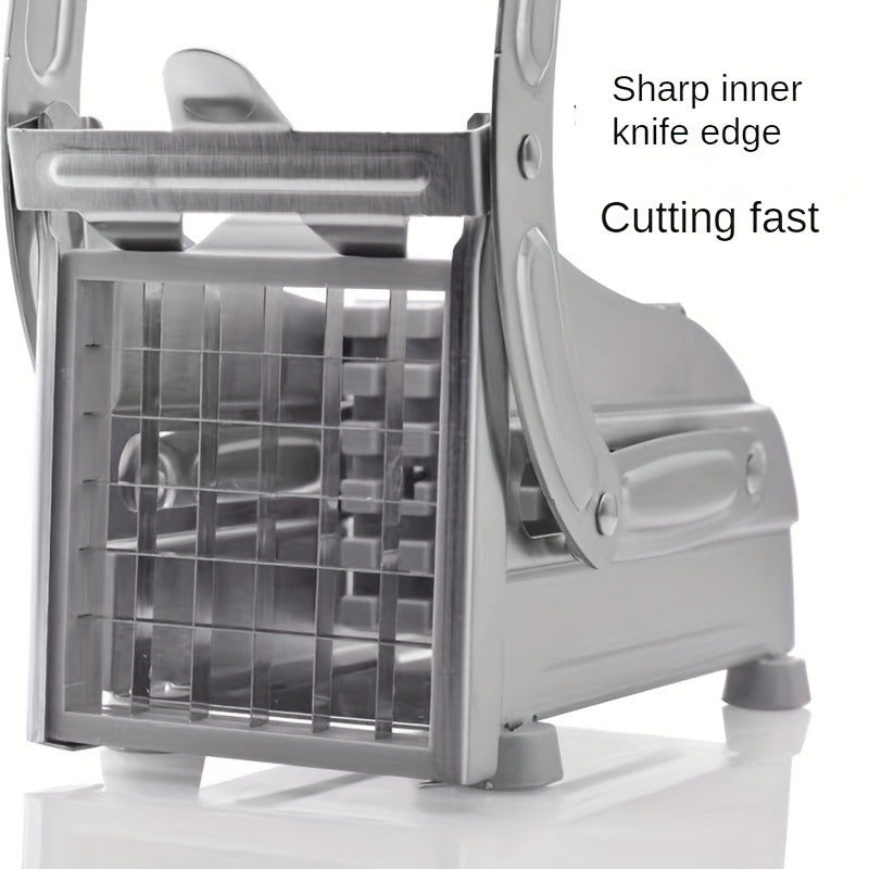 Introducing the InBrave Stainless Steel Fruit & Vegetable Cutter - a versatile kitchen gadget perfect for slicing french fries, chopping potatoes, and dicing onions. This durable tool features anti-slip feet for stability and is made with food-grade