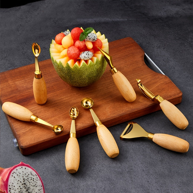 Set of 7 Stainless Steel Paring Knives - Includes Fruit Baller Scoop, Ice Cream Spoon, Carving Knife, Watermelon Scoop Tool - 304 Stainless Steel Blade Peeler and Baller Set for Fruit and Vegetable Carving.