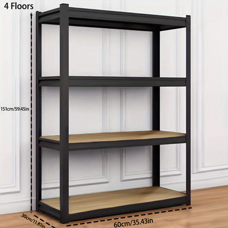 Adjustable heavy-duty storage shelf for various spaces: garage, warehouse, basement, pantry, car or food storage.