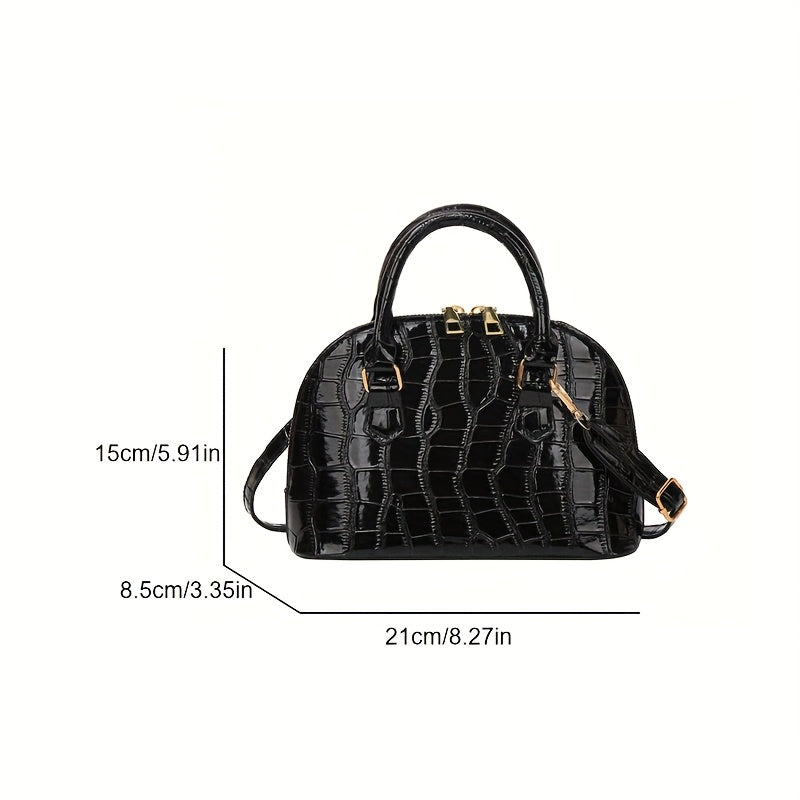 Crocodile pattern shell handbag in white/black/burgundy with removable strap, zipper closure, and unlined interior. Casual and versatile, small square shoulder bag.