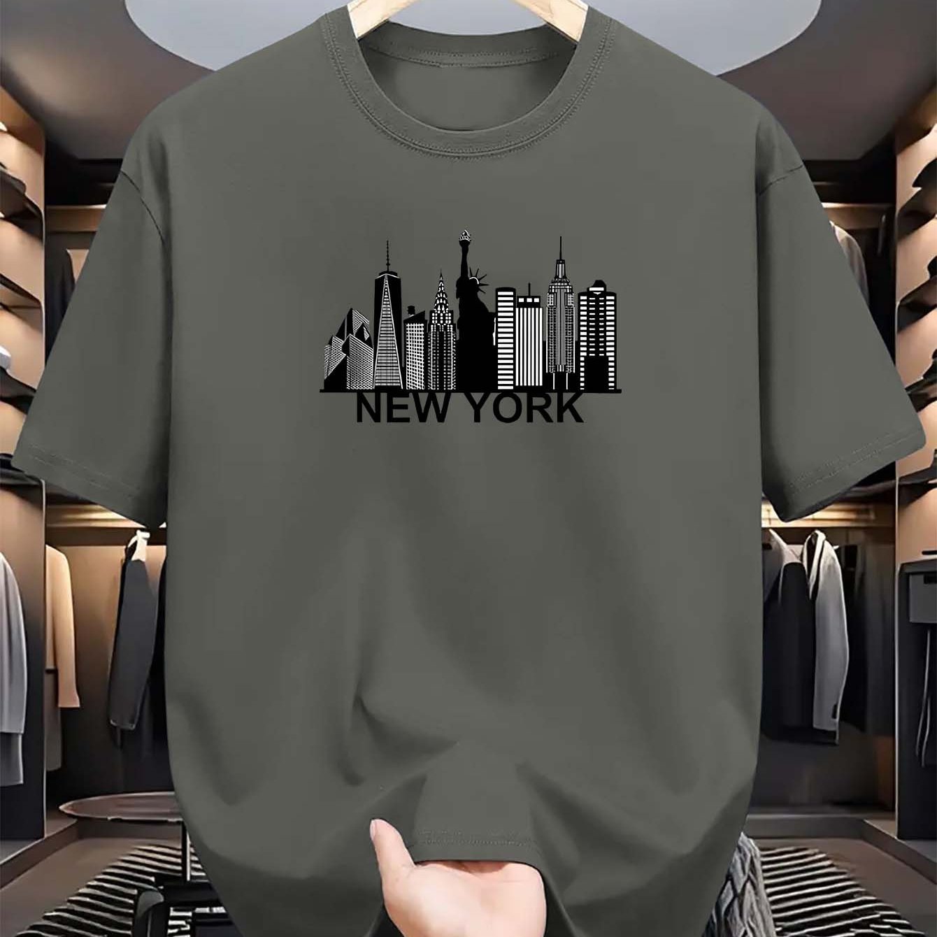 Men's light blue New York City skyline graphic t-shirt for everyday comfort. Casual polyester tee with short sleeves, round neck, and machine washable. Summer fashion essential.