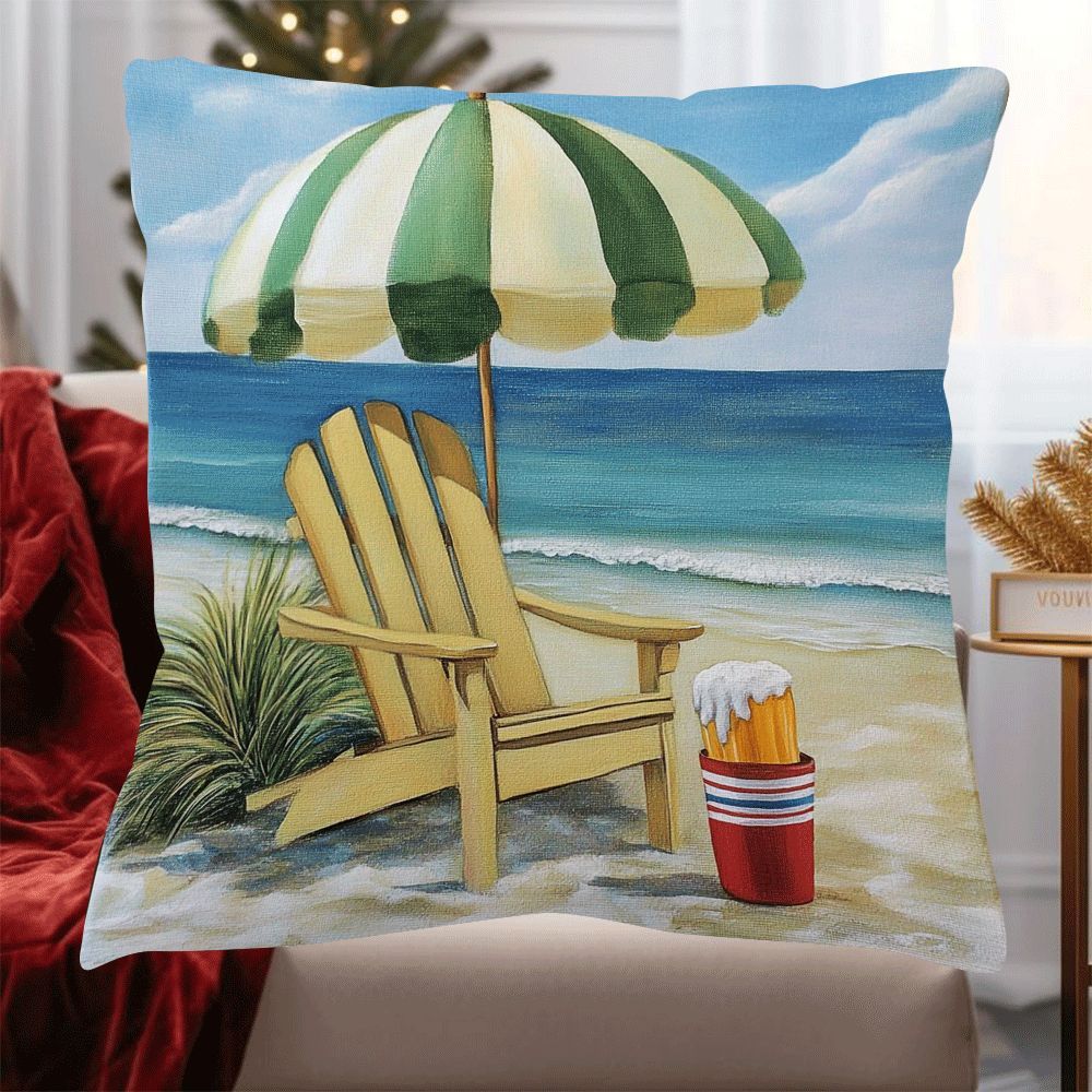 Flannel Beach Chair and Umbrella Pillowcase, Modern Summer Holiday Theme, 45.72x45.72cm in Size, Zippered Square Cushion Cover for Sofa, Bedroom, Living Room, Car - Machine Washable, All-Season Comfort, Perfect for Back Sleepers.