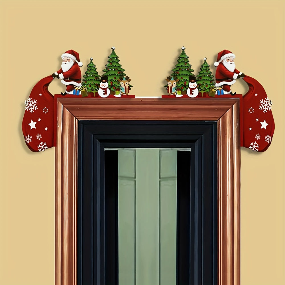 Rustic Christmas door decoration featuring Santa Claus, Snowman, and Reindeer. Perfect for indoor spaces, no electricity required. Great holiday gift idea.