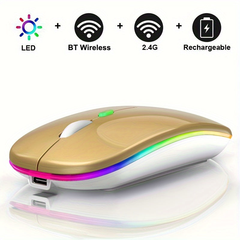 Rechargeable LED wireless mouse with dual mode, silent operation, and ergonomic design. Suitable for various devices like laptops, desktops, and tablets.