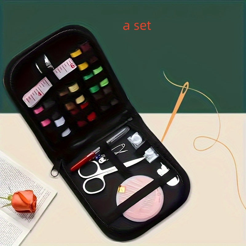 Mini portable sewing kit includes scissors, thread, needles, thimble, tape measure, and more in a multicolor canvas case for quick repairs and everyday use.