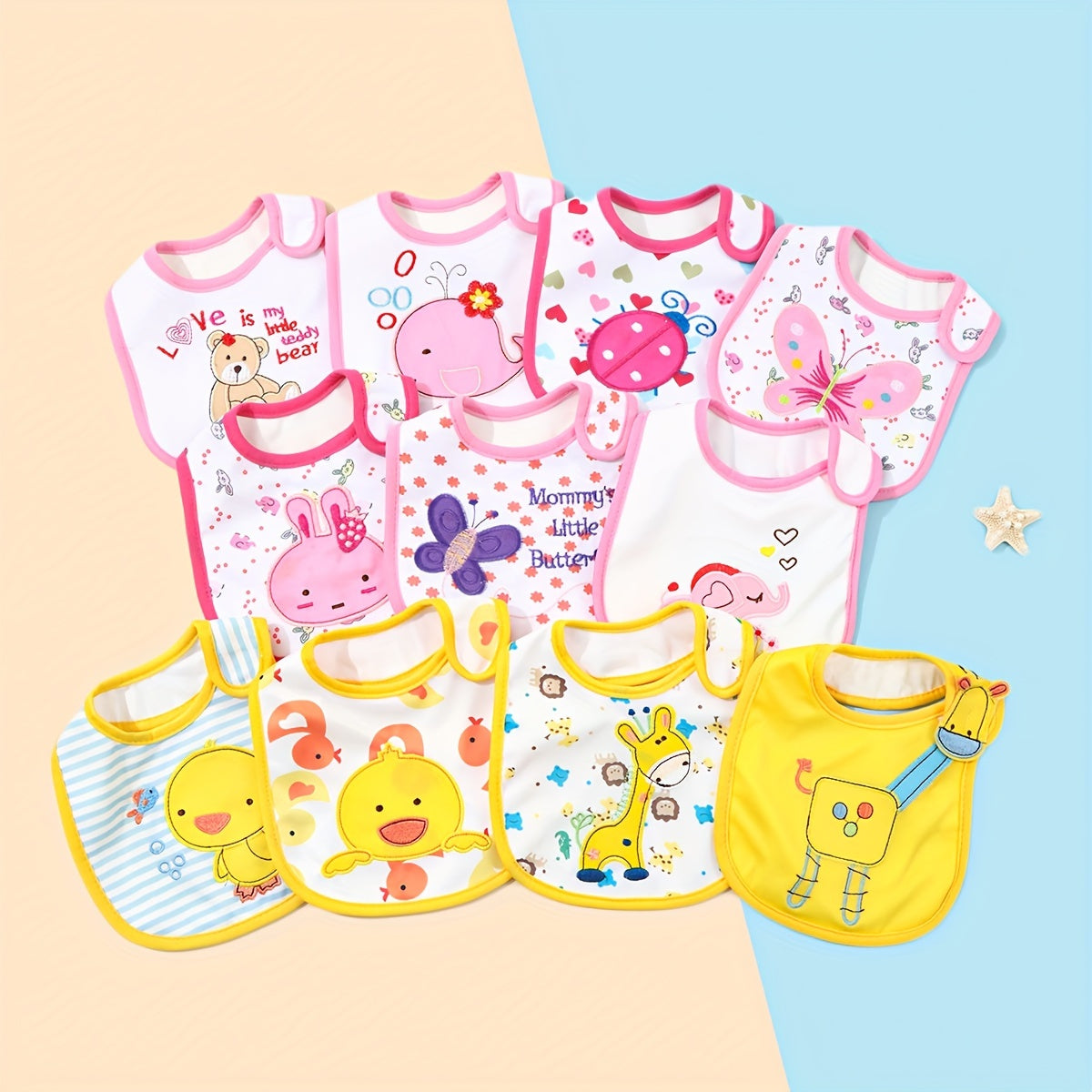 Set of 5 waterproof drool bibs for infants and toddlers aged 0-3 years, made of cotton with a hook & loop closure. Features playful designs suitable for both boys and girls, perfect for drooling and teething.