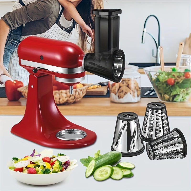 1 piece of slicer/shredder accessory designed for KitchenAid desktop blender. This accessory is suitable for slicing and grating cheese, as well as shredding vegetables for salads. It comes with 4 blades but is not recommended for cleaning in the