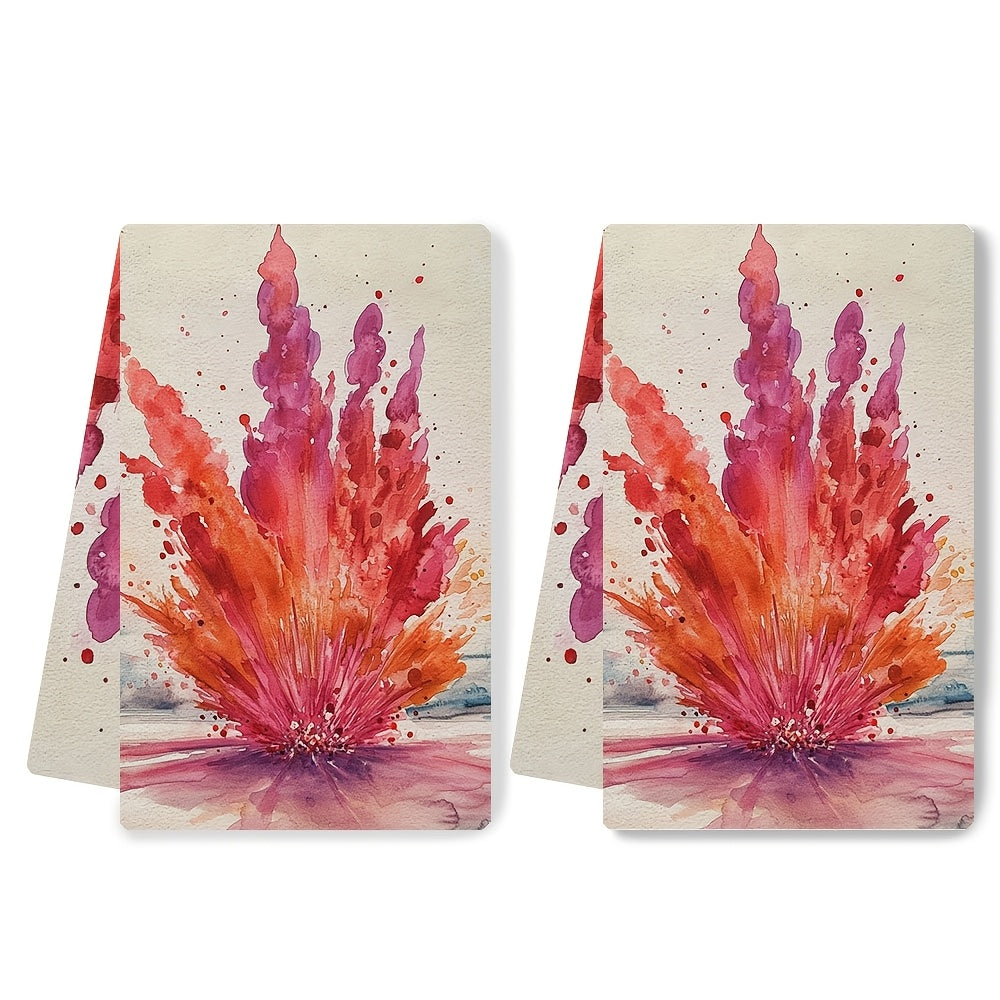 Two pieces of ultra soft kitchen towels featuring a vibrant Valentine's explosion design. These highly absorbent and machine washable dish hand towels measure 40.64x60.96 cm, making them perfect for holiday decor.