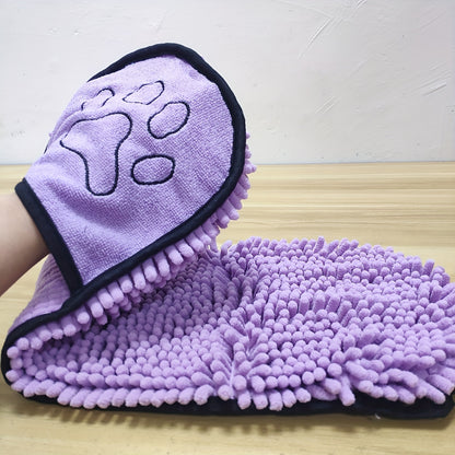 Quick drying bath towel for pets, suitable for cats, dogs, and rabbits. Glove style design for easy absorption.