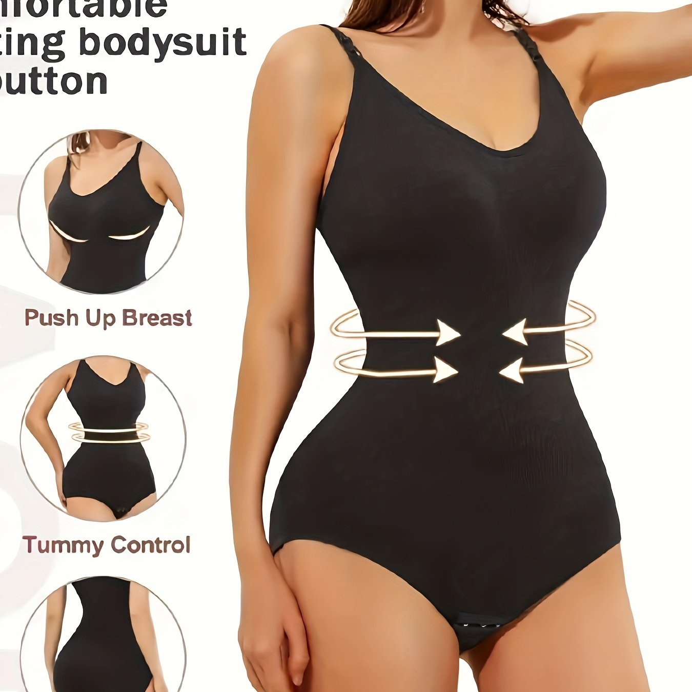 One piece black bodysuit for women with tummy control and butt lifting features. Made of breathable nylon/elastane blend. Hand washable. Achieve your ideal figure with everyday body shaping