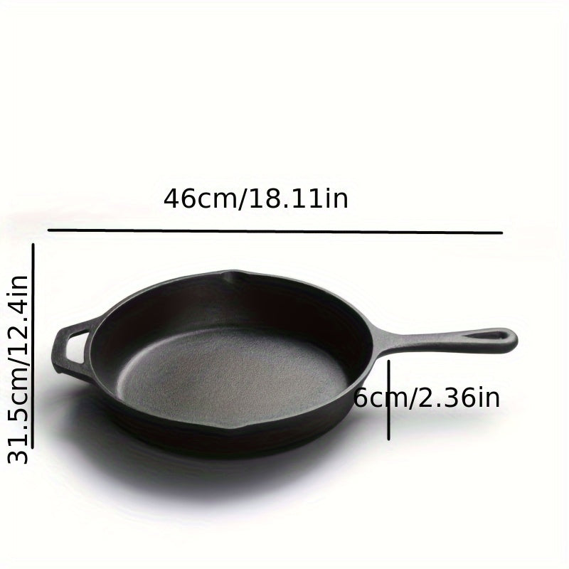 12-inch one-piece cast iron frying pan with a thickened design, featuring a flat bottom and no coating, perfect for frying and baking.