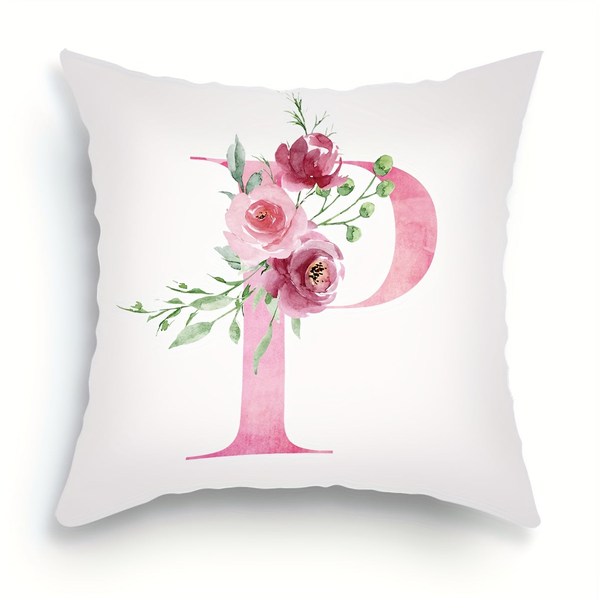 18x18 inch Alphabet Floral Pillow Cover featuring A to Z English Letters in pink print. Ideal for adding a contemporary touch to sofa, living room, or bedroom decor. Single-sided printing, insert not included.