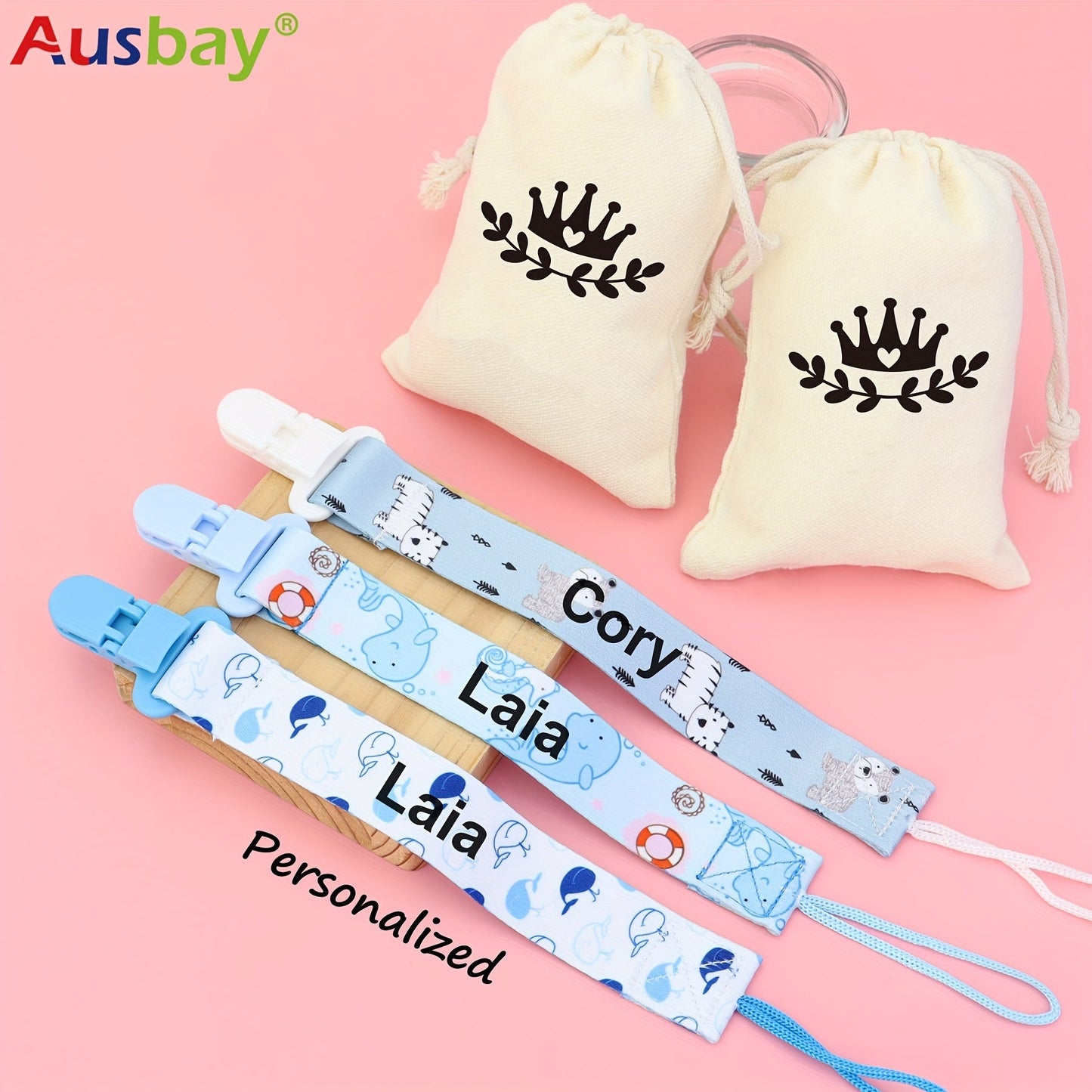 Set of 3 Personalized Soothing Item Clips with Custom Names, Chain Clips and Gift Bags for Youngsters, Handmade Shower Gift Set for Youngsters