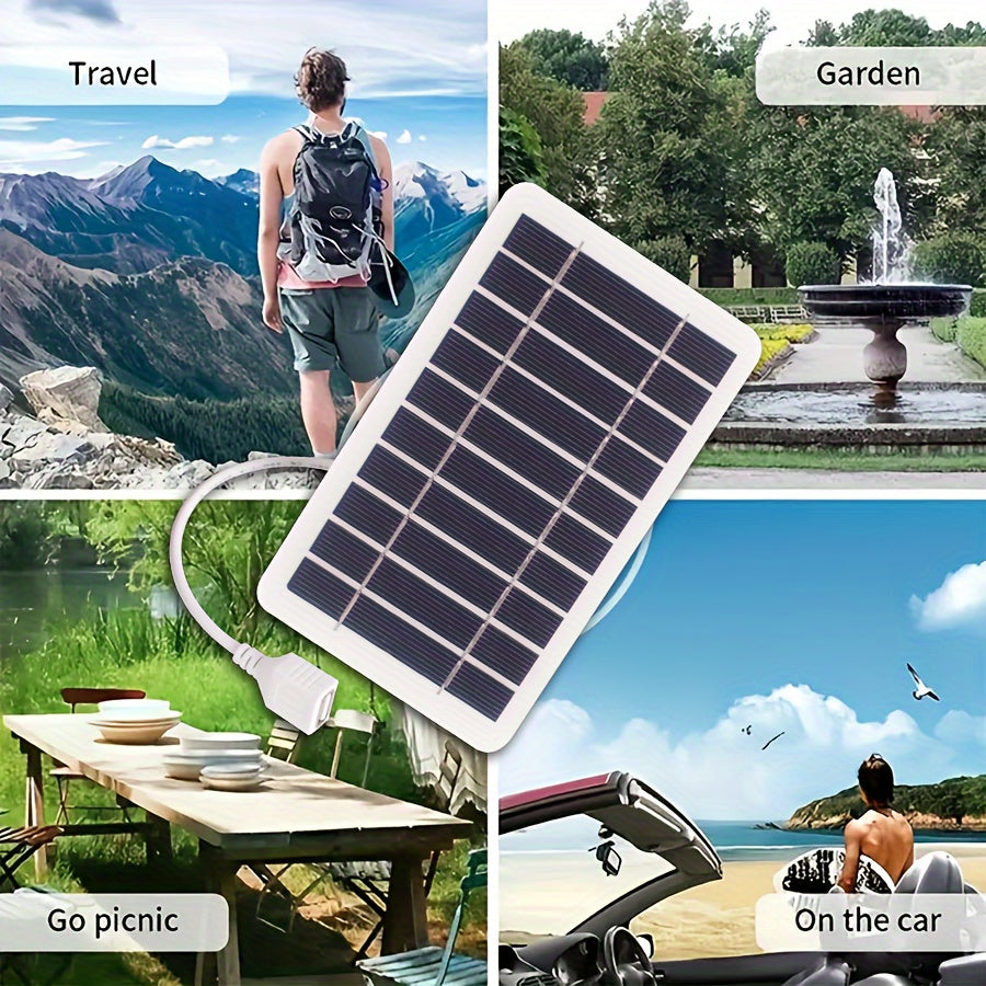 Lightweight USB solar charger for outdoor activities like camping, hiking, fishing, and travel. Operates at ≤36V with female to male polarity and 0-5W output power, no battery required.