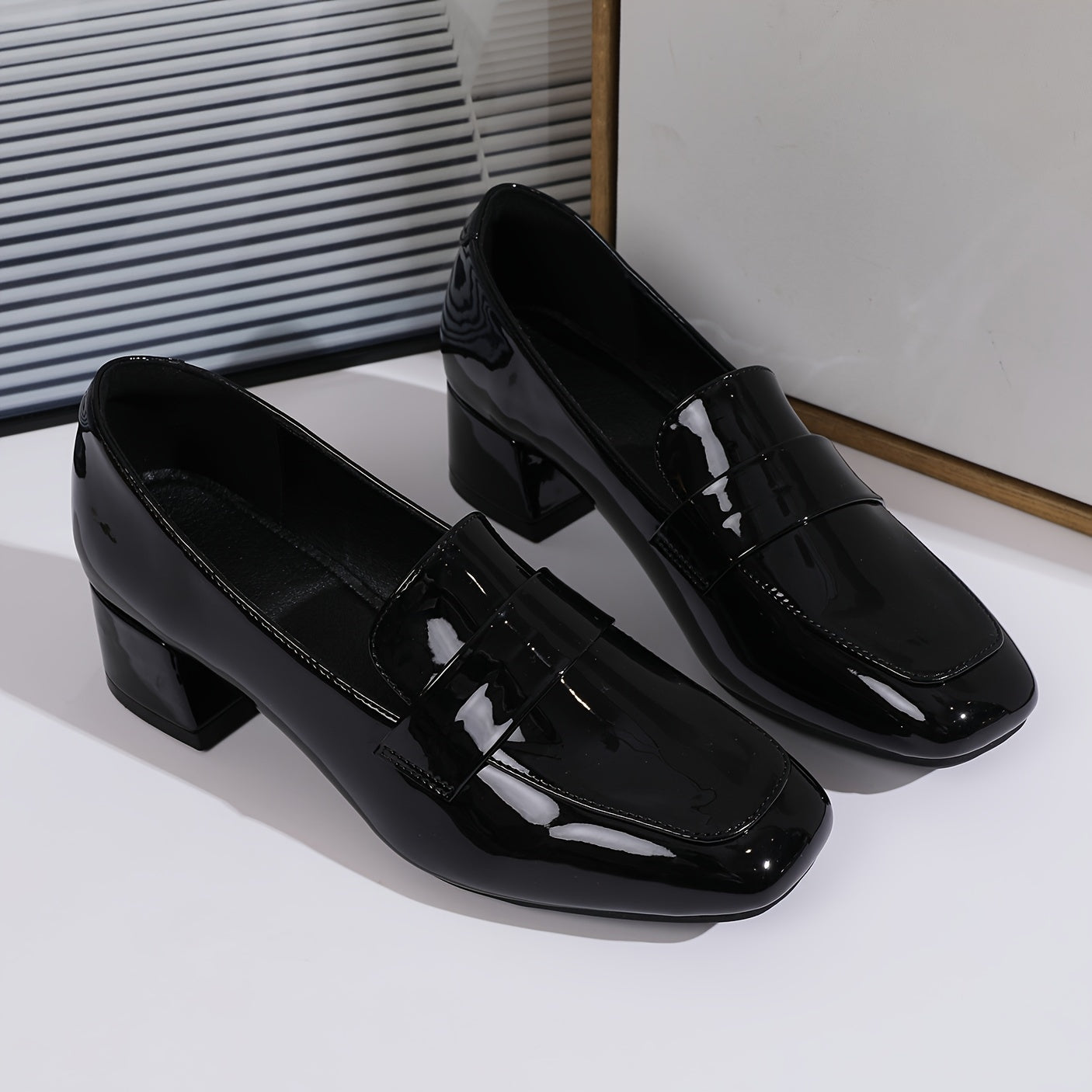 Square toe penny loafers for women with lightweight chunky heel, TPR sole, and breathable comfort in all-season solid color slip-ons.