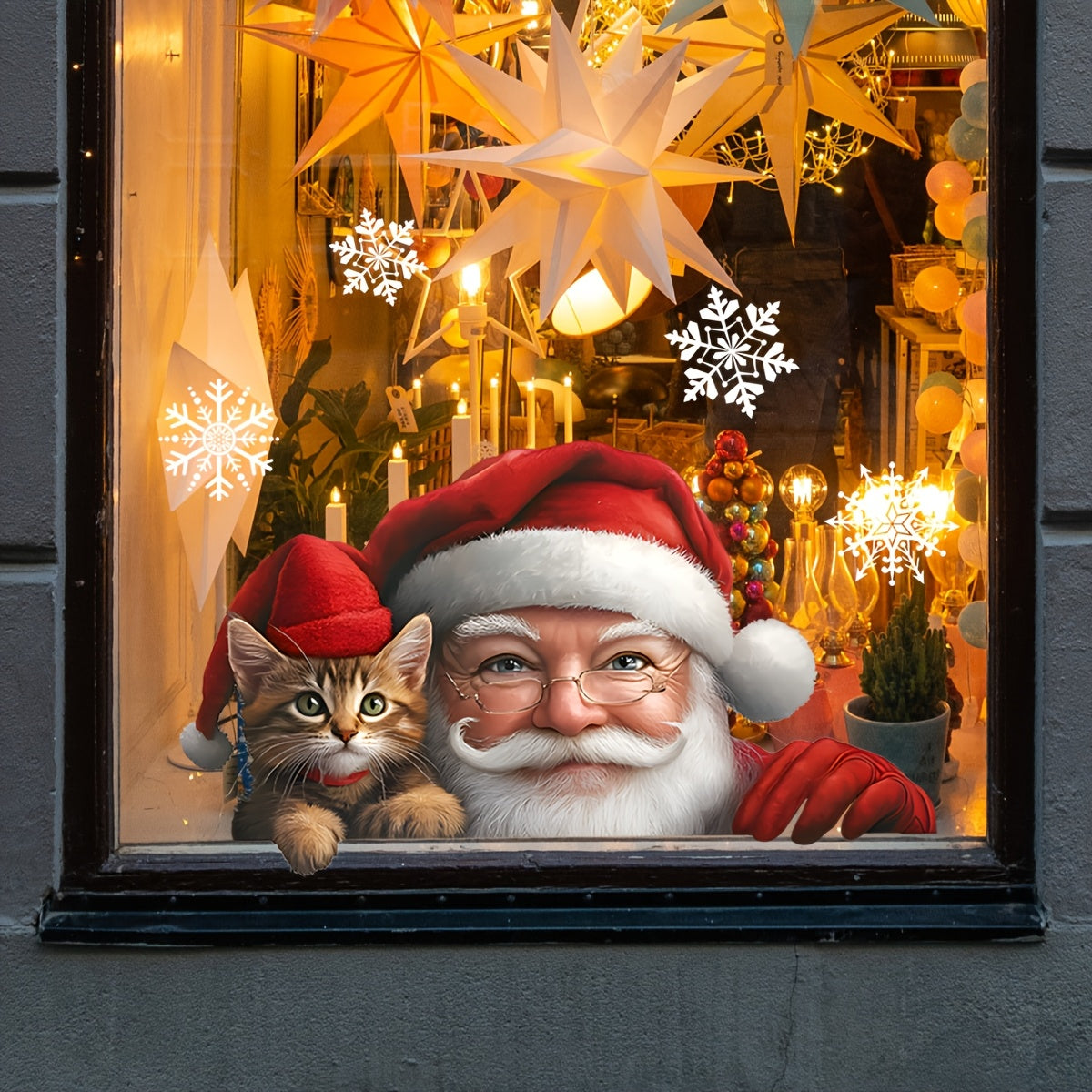 Santa Claus and Cat Christmas glass sticker with double-sided static cling, perfect for plastic surfaces. This self-adhesive window decal is made of 20-silk PVC and is perfect for festive holiday decor. Item D13508-KN is for single use only.