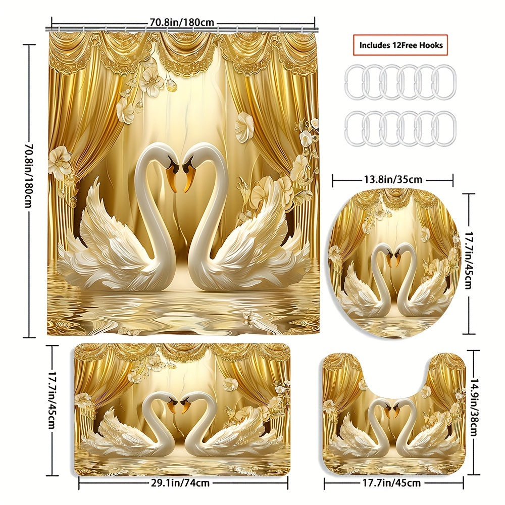 Golden 3D Swans Bathroom Set: Includes Free Hooks, Curtain, Mat, Seat Cover, And Rug - Ideal for Valentine's Day or year-round romance