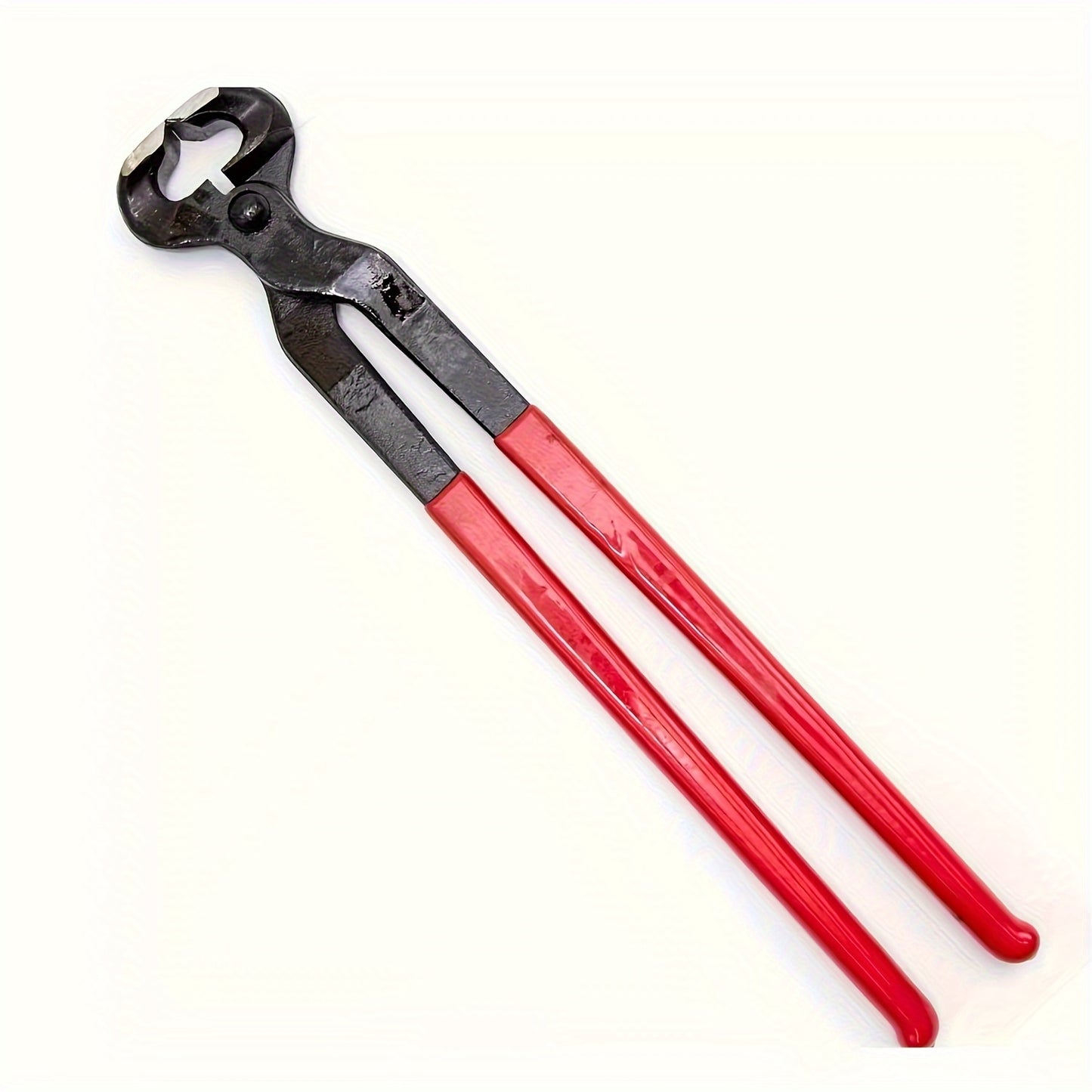 Durable, 16-inch steel horseshoe trimming pliers with red ergonomic handle. Heat-treated blades for efficient grooming of horses and other animals. Ideal for veterinarians, farmers, and