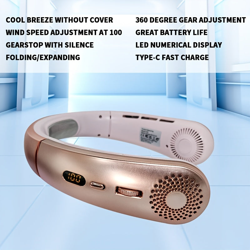 Stay cool on the go with the JKUOO Portable Neck Fan. This mini bladeless wearable fan features 100 speed settings and a USB rechargeable lithium battery for convenient use. With push button control, this fan is perfect for indoor and outdoor activities